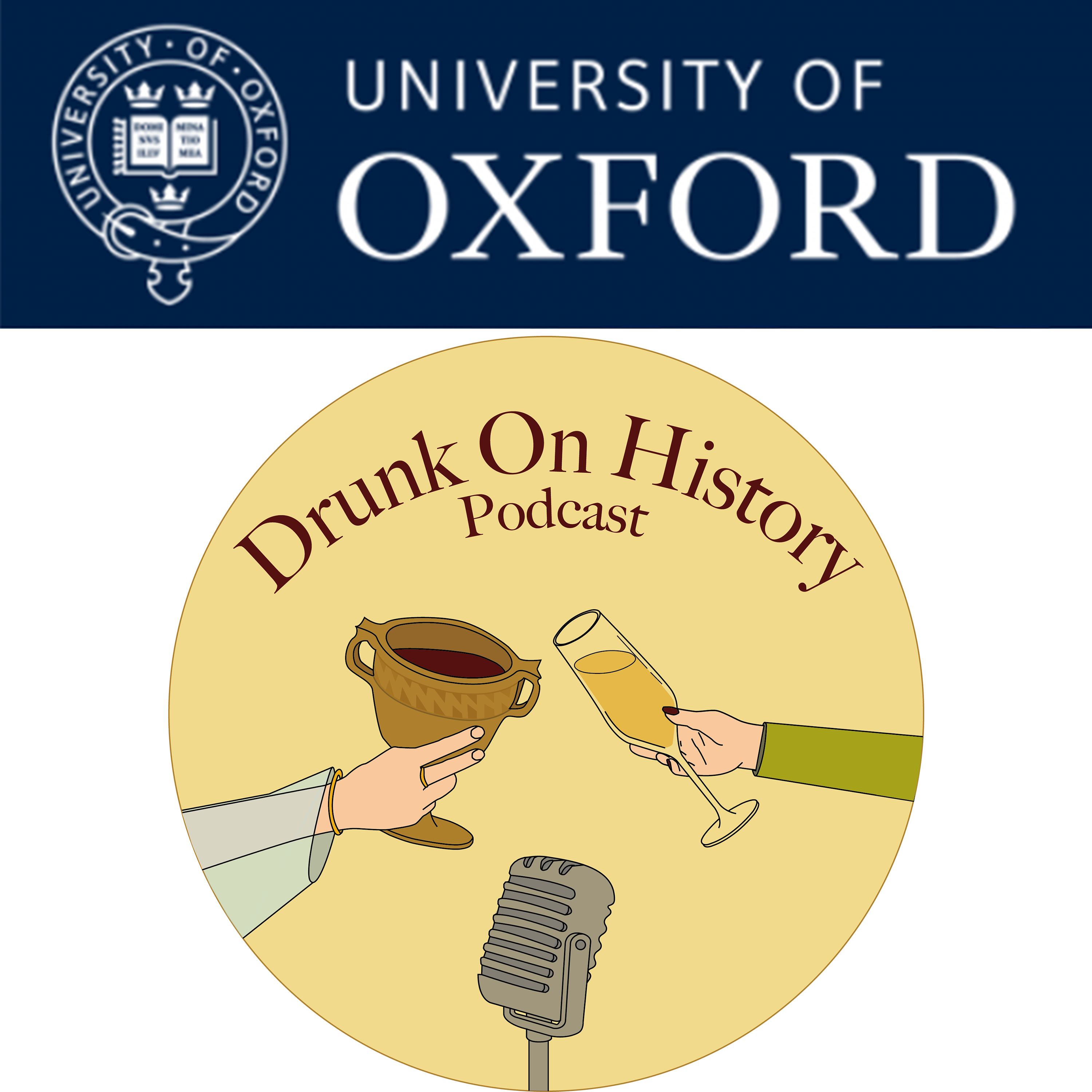2 arms outstretched chinking drinking vessels together, with the title of the podcast and an old fashioned microphone 