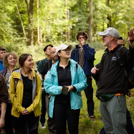 Guide talking to group in a forest
