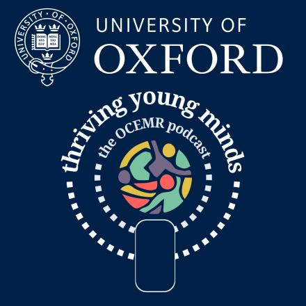 University of Oxford crest, with thriving young minds logo containing an image of 3 figures with arms outstretched